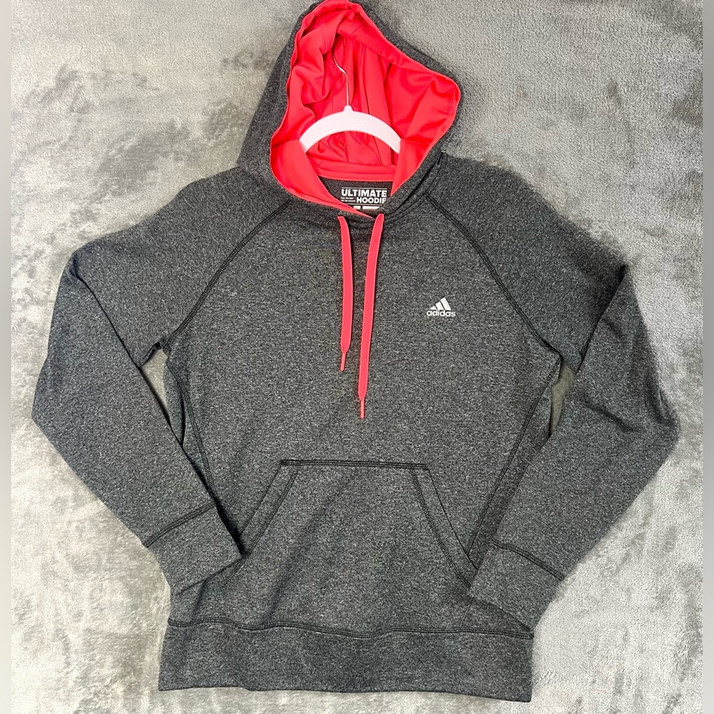 Adidas Ultimate Hoodie Women's Medium Gray Pullover Sweatshirt Hot Pink Lining‎